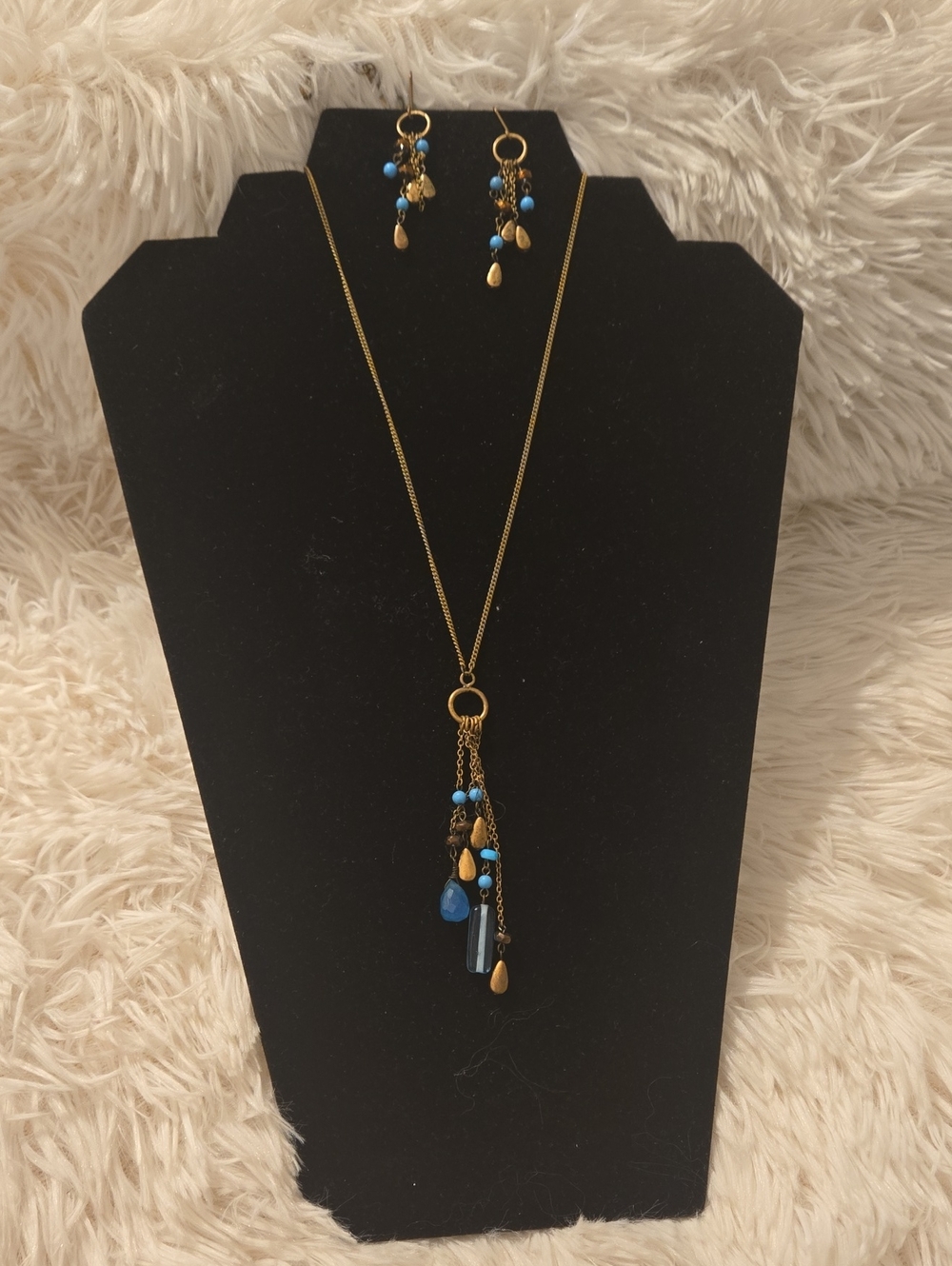 Gold-Tone Necklace & Earring Set with Blue Beads